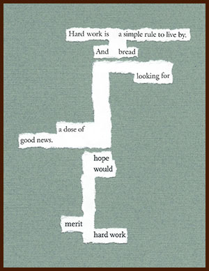 found poem assembled from torn fragments of magazine text on a green background